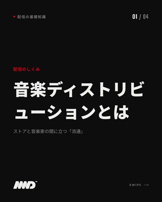 「音楽ディストリビューションとは」と大きく書かれた黒い表紙。小見出しは「ストアと音楽家の間に立つ『流通』」。音楽配信の基礎知識を解説するカルーセルの1枚目。