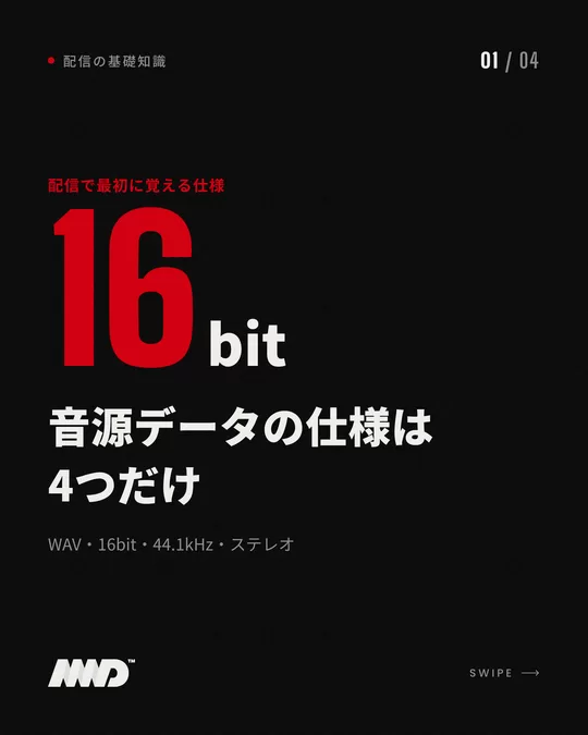 赤い大きな文字で「16bit」と書かれた黒い表紙。見出しは「音源データの仕様は4つだけ」、小見出しは「WAV・16bit・44.1kHz・ステレオ」。