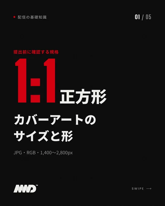 黒い背景の表紙。赤い大きな文字で「1:1」、小さく「正方形」。見出しは「カバーアートのサイズと形」、小見出しは「JPG・RGB・1,400〜2,800px」。カバーアート規格カルーセルの1枚目。