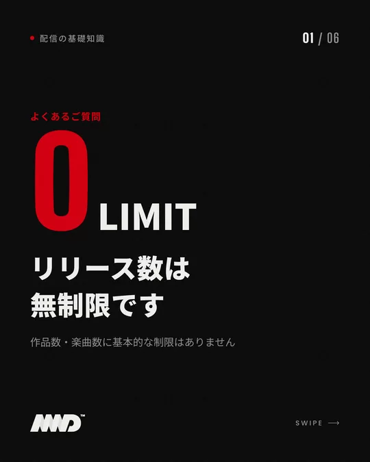黒い背景の表紙。赤い大きな数字で「0」、小さく「LIMIT」。見出しは「リリース数は無制限です」、小見出しは「作品数・楽曲数に基本的な制限はありません」。音楽配信の配信数についてのカルーセルの1枚目。