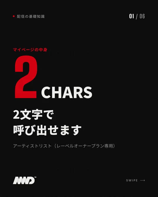黒い背景の表紙。赤い大きな数字で「2」、小さく「CHARS」。見出しは「2文字で呼び出せます」、小見出しは「アーティストリスト（レーベルオーナープラン専用）」。音楽配信の管理画面を紹介するカルーセルの1枚目。