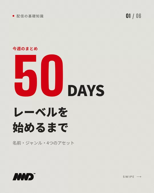 明るい背景の表紙。赤い大きな数字で「50」、小さく「DAYS」。見出しは「レーベルを始めるまで」、小見出しは「名前・ジャンル・4つのアセット」。音楽レーベルの始め方をまとめたカルーセルの1枚目。